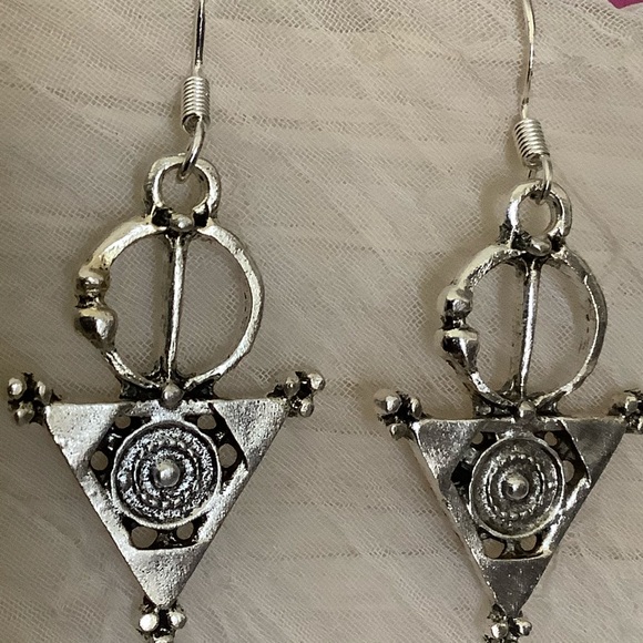 🌸 CELTIC EARRINGS TRIBAL AZTEC DANGLE 925 BOHO CHIC TRIANGLE SILVER BOHEMIAN - Picture 11 of 13